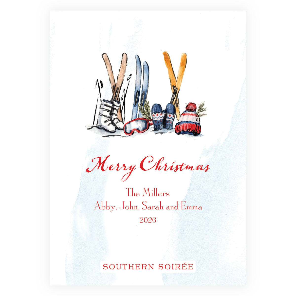 Alpine Holiday – Blue Ski Ribbon Frame Personalized Holiday Photo Card