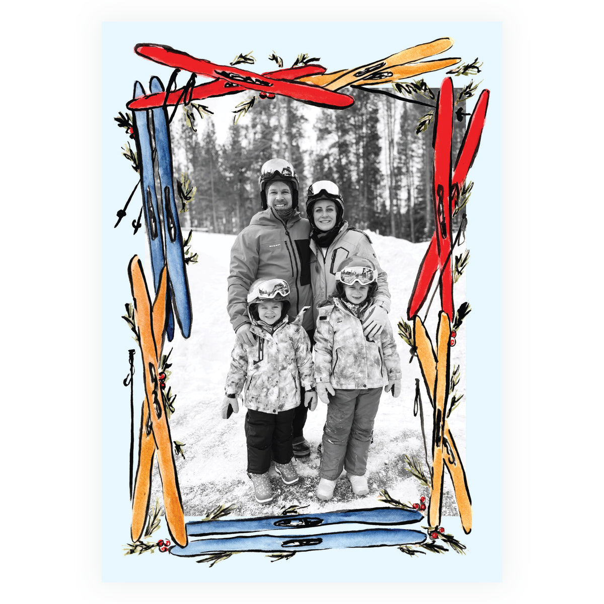 Alpine Holiday – Blue Ski Frame Holiday Personalized Photo Card