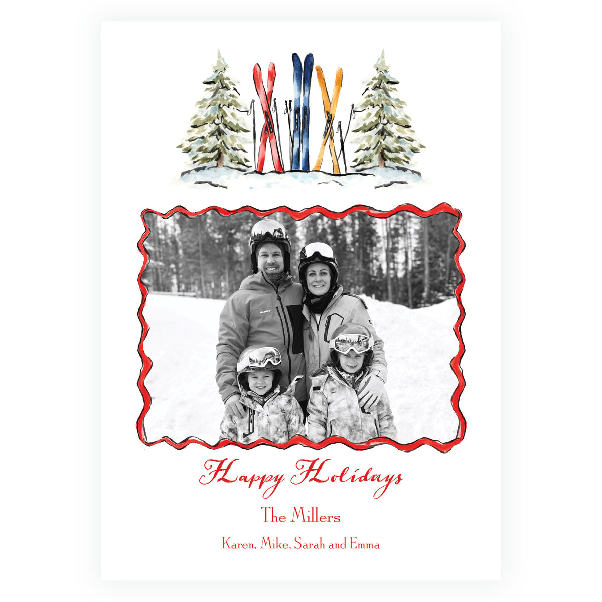 Alpine Holiday personalized Christmas photo card with watercolor skis snowy evergreen trees and family photo