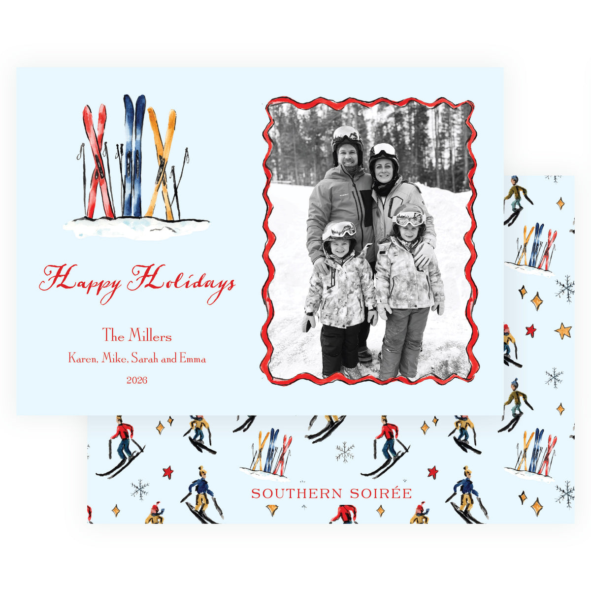 Blue personalized ski Christmas photo card with colorful watercolor skis and family photo