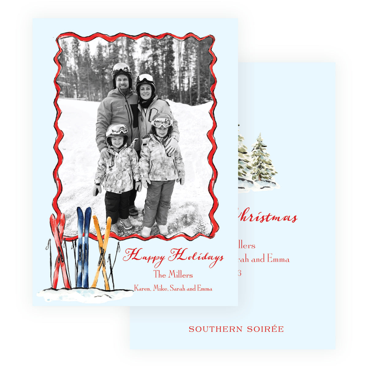 Alpine Holiday personalized ski Christmas photo card with watercolor skis and evergreen tree back