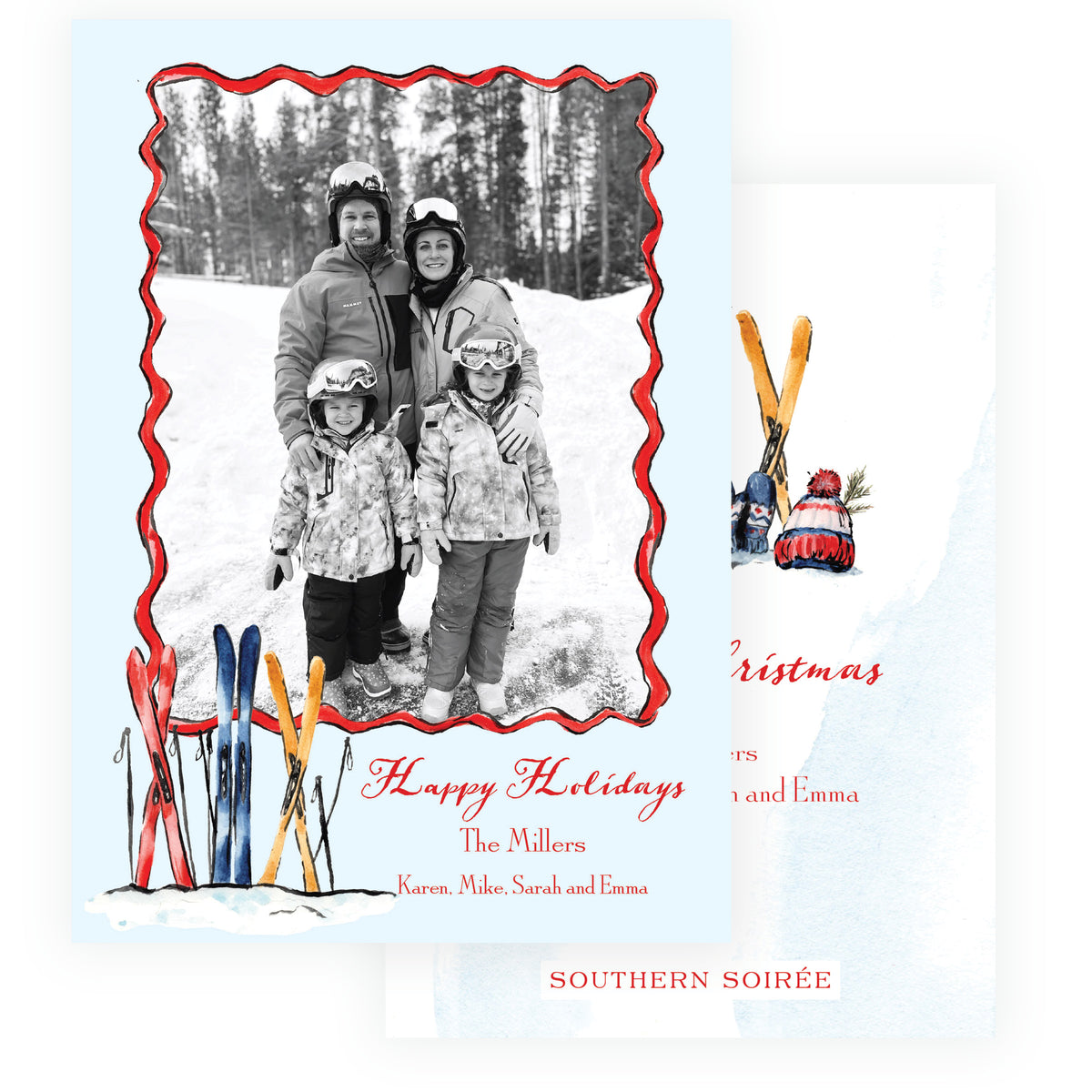 Alpine Holiday Colorful Skis Personalized Christmas Photo Card
