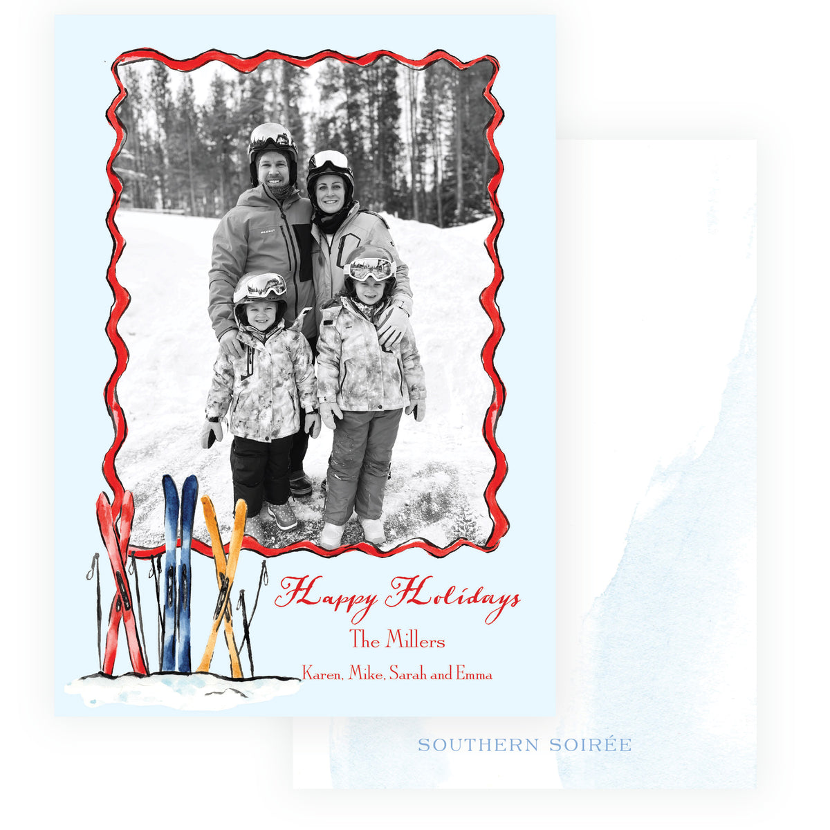 Alpine Holiday Colorful Skis Personalized Christmas Photo Card
