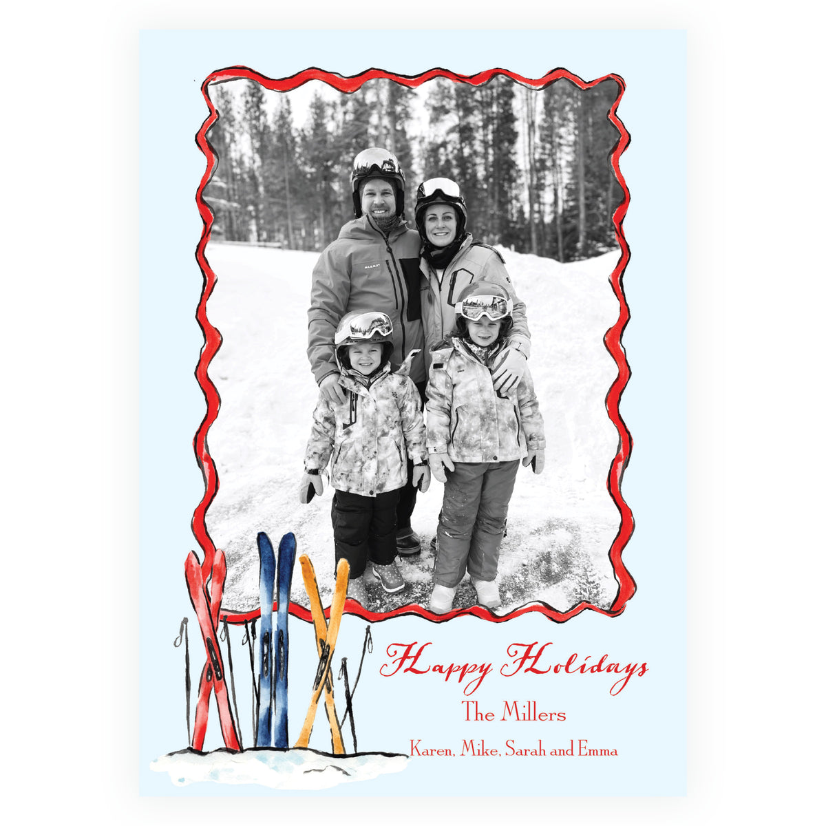 Alpine Holiday Colorful Skis Personalized Christmas Photo Card