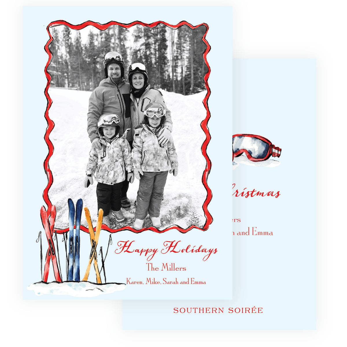 Personalized Christmas photo card with watercolor skis and ski goggles back