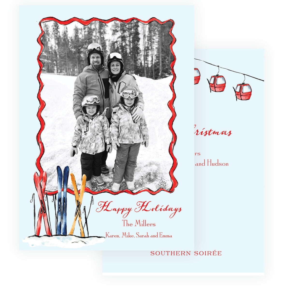 Alpine Holiday personalized ski holiday photo card with watercolor skis and red gondola back