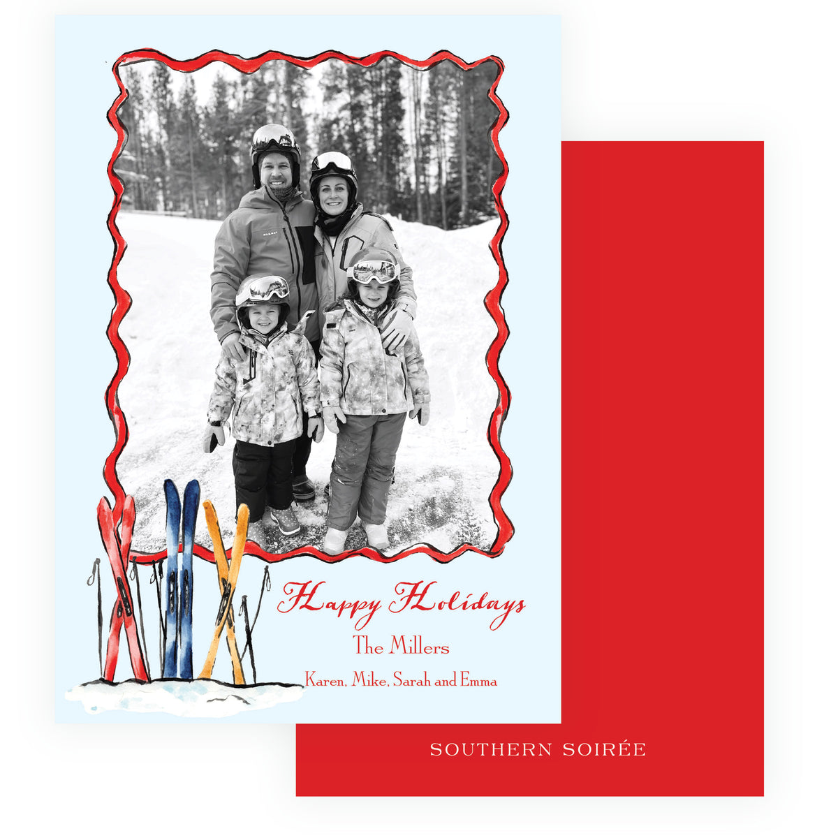 Alpine Holiday Colorful Skis Personalized Christmas Photo Card