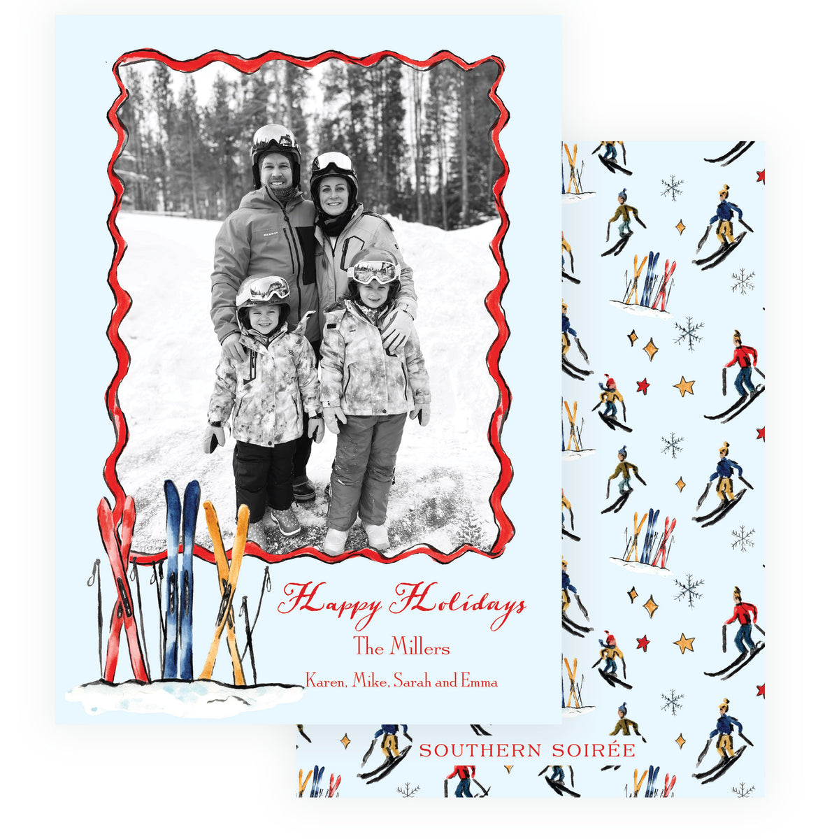 Alpine Holiday Colorful Skis Personalized Christmas Photo Card