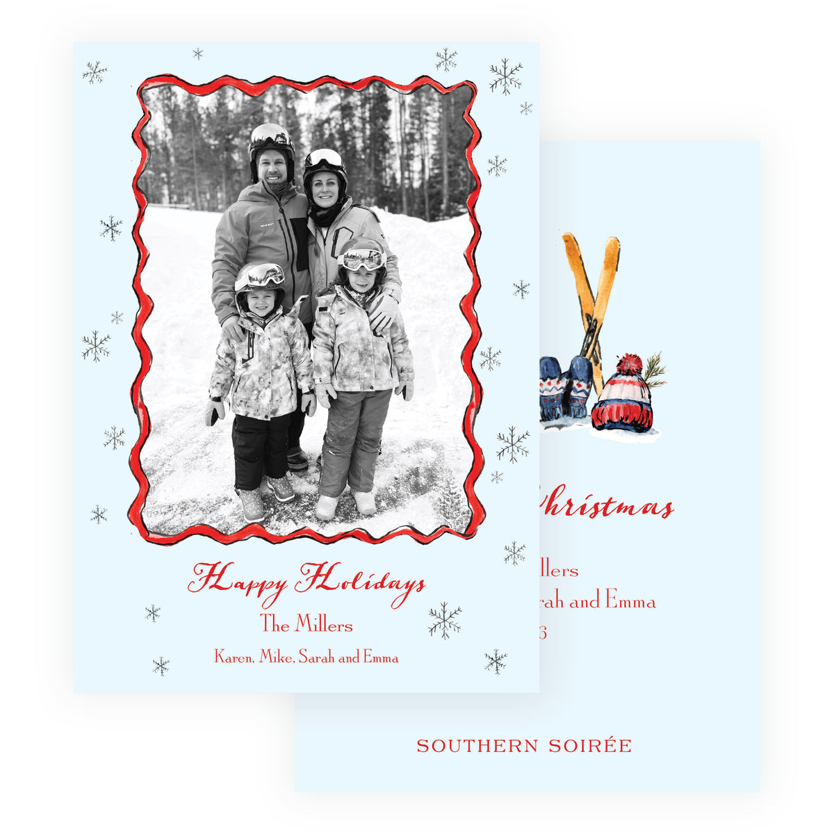 Alpine Holiday personalized photo card with watercolor skis, mittens and winter hat back