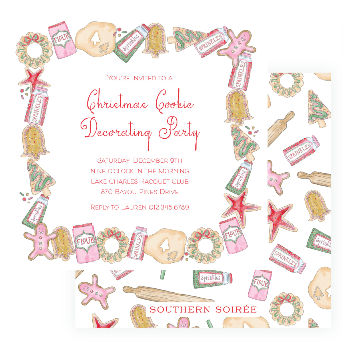 Dashing Through the Dough square Christmas cookie decorating party invitation with watercolor cookies, sprinkles and holiday baking artwork