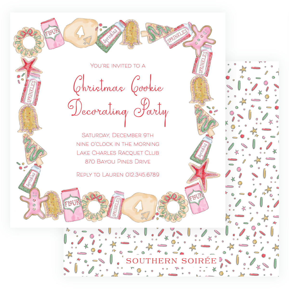 Dashing Through the Dough square Christmas cookie decorating party invitation with watercolor cookies, sprinkles and holiday baking artwork
