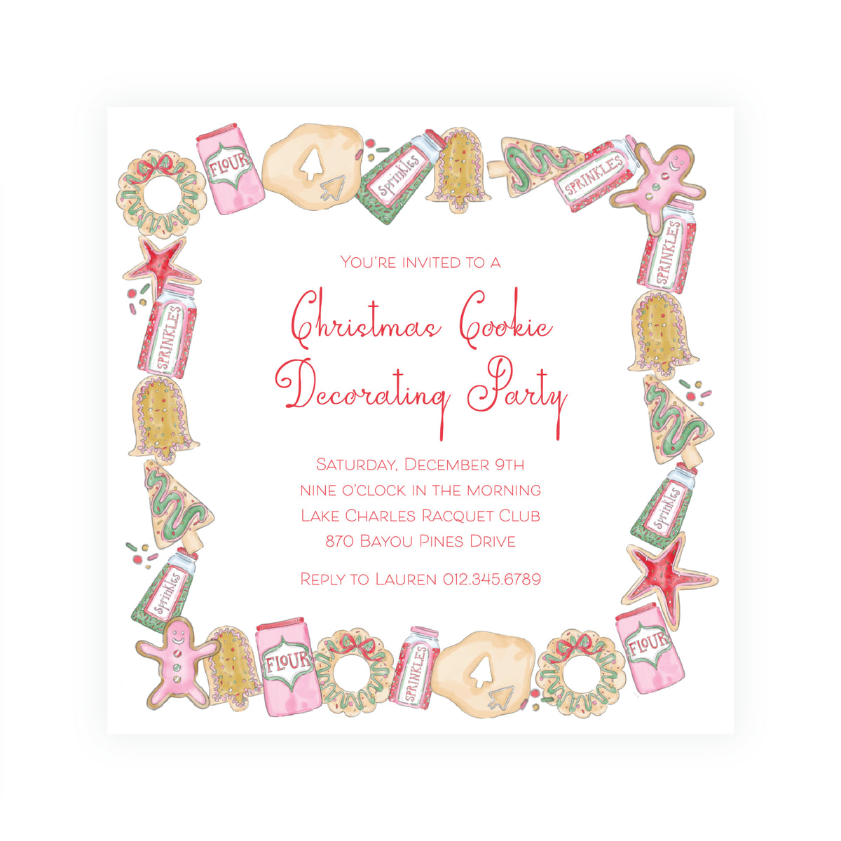 Dashing Through the Dough Square Christmas Cookie Decorating Party Invitation
