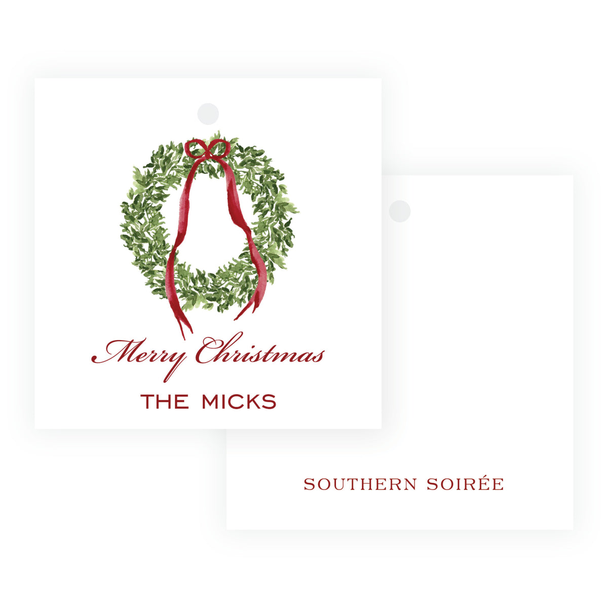 Decked in Bows Burgundy Square Wreath Personalized Christmas Gift Tag