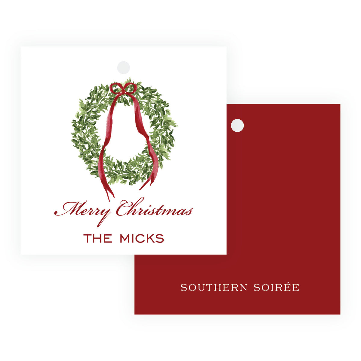 Decked in Bows Burgundy Square Wreath Personalized Christmas Gift Tag