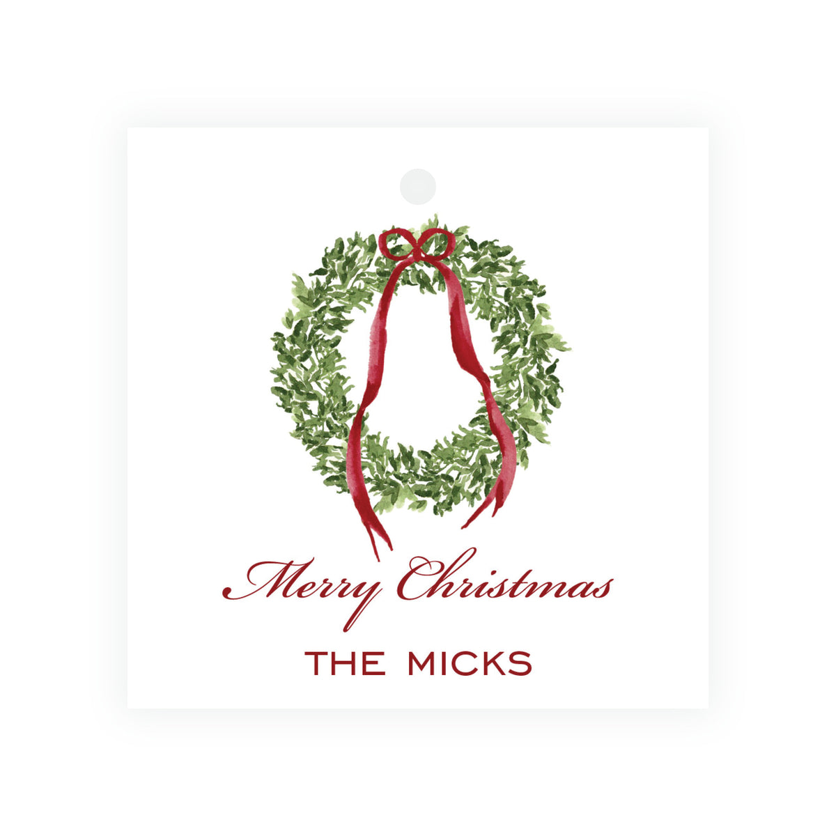 Decked in Bows Burgundy Square Wreath Personalized Christmas Gift Tag