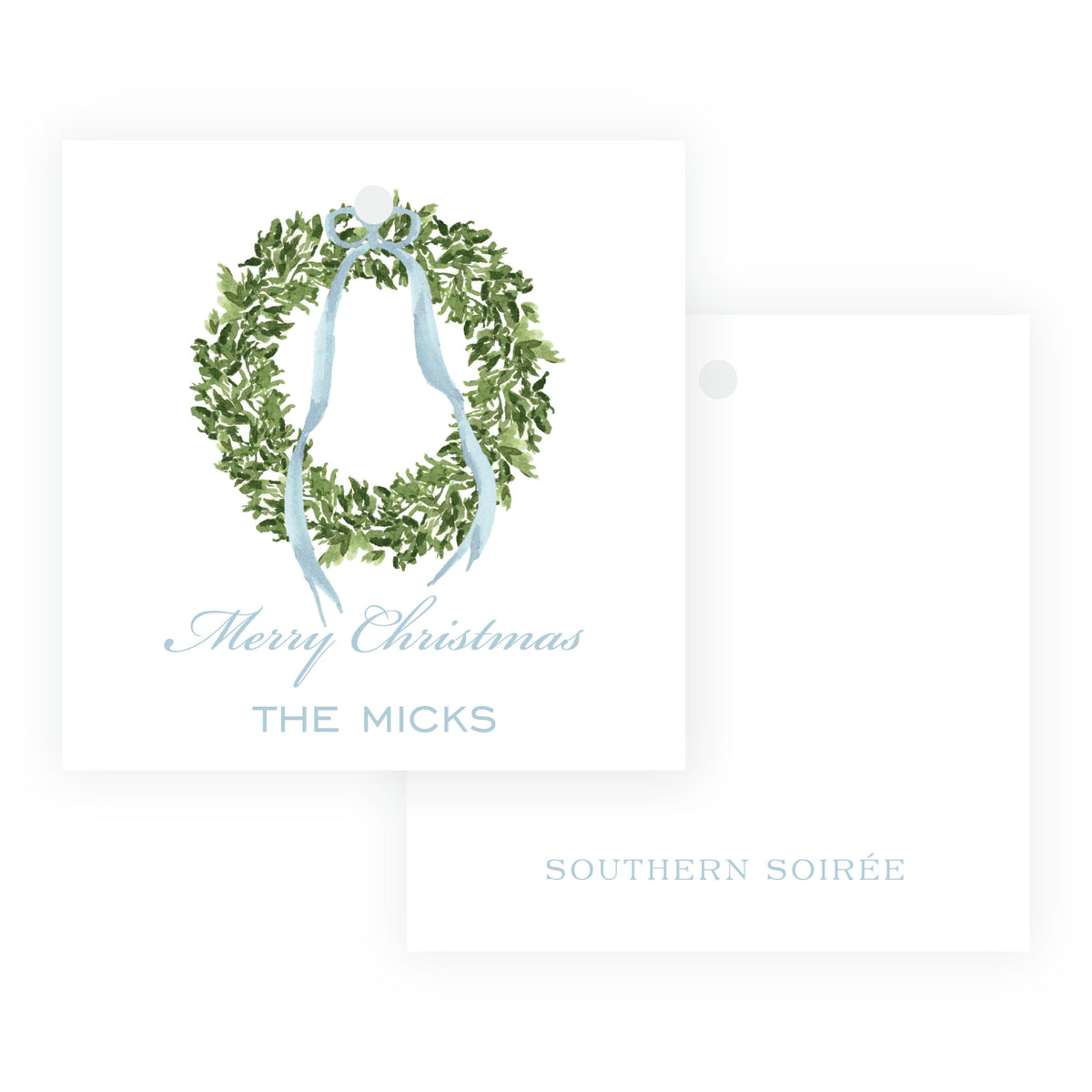 A Christmas-themed gift tag set from Southern Soirée, featuring a front card with a green wreath illustration and the text 'Merry Christmas'