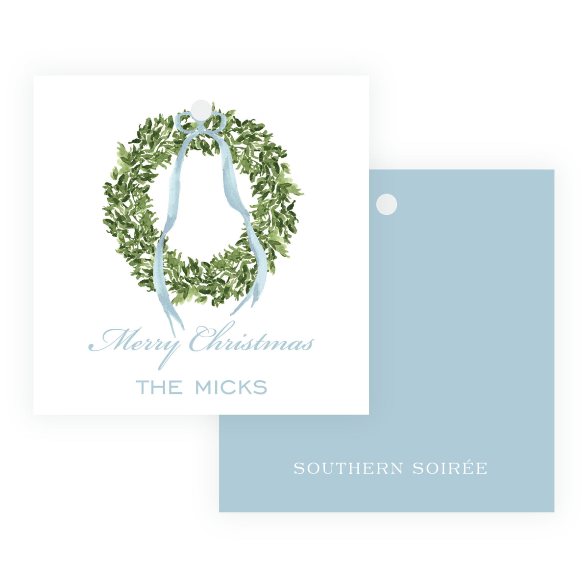 Blue personalized square Christmas gift tag with watercolor wreath, blue ribbon bow, and family name.