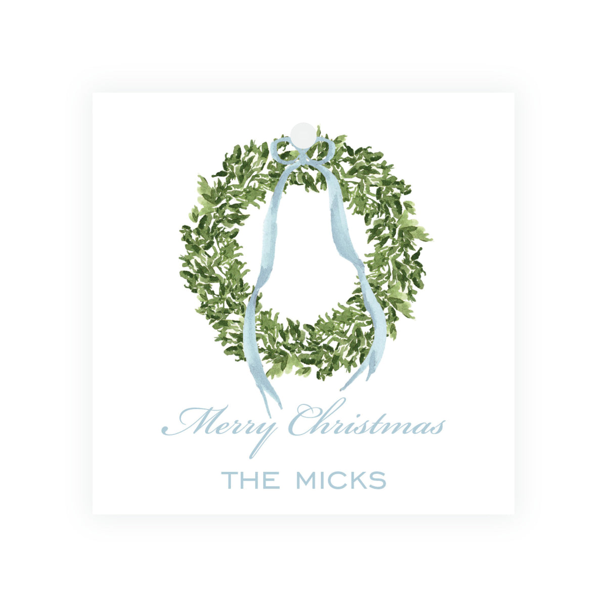 Decked in Bows Square Blue Watercolor Wreath Personalized Christmas Gift Tag 3 x 3 Square Christmas Gift Tags