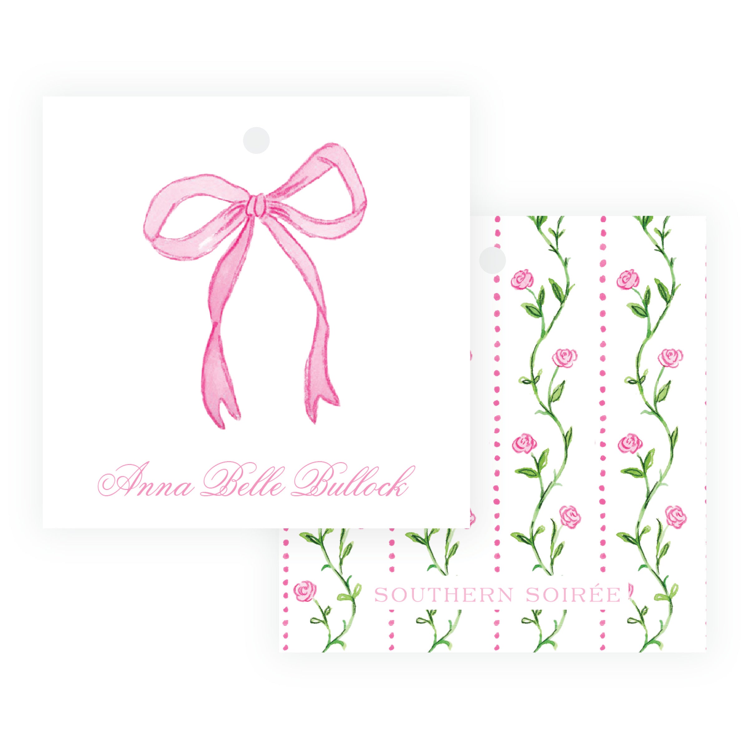 Personalized Tiny Petals pink watercolor bow square gift tag