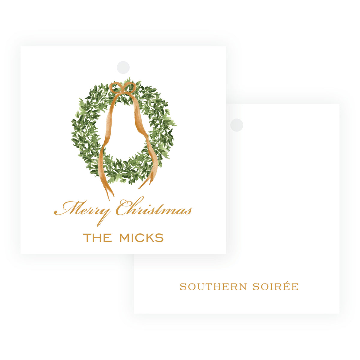 Decked in Bows Gold Square Wreath Personalized Christmas Gift Tag