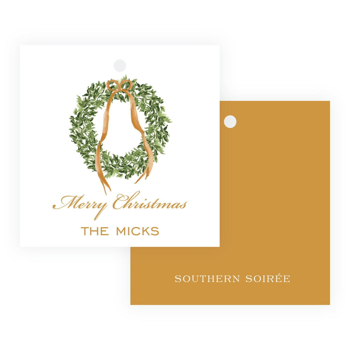 Gold personalized square Christmas gift tag with watercolor wreath, gold ribbon bow, and family name.