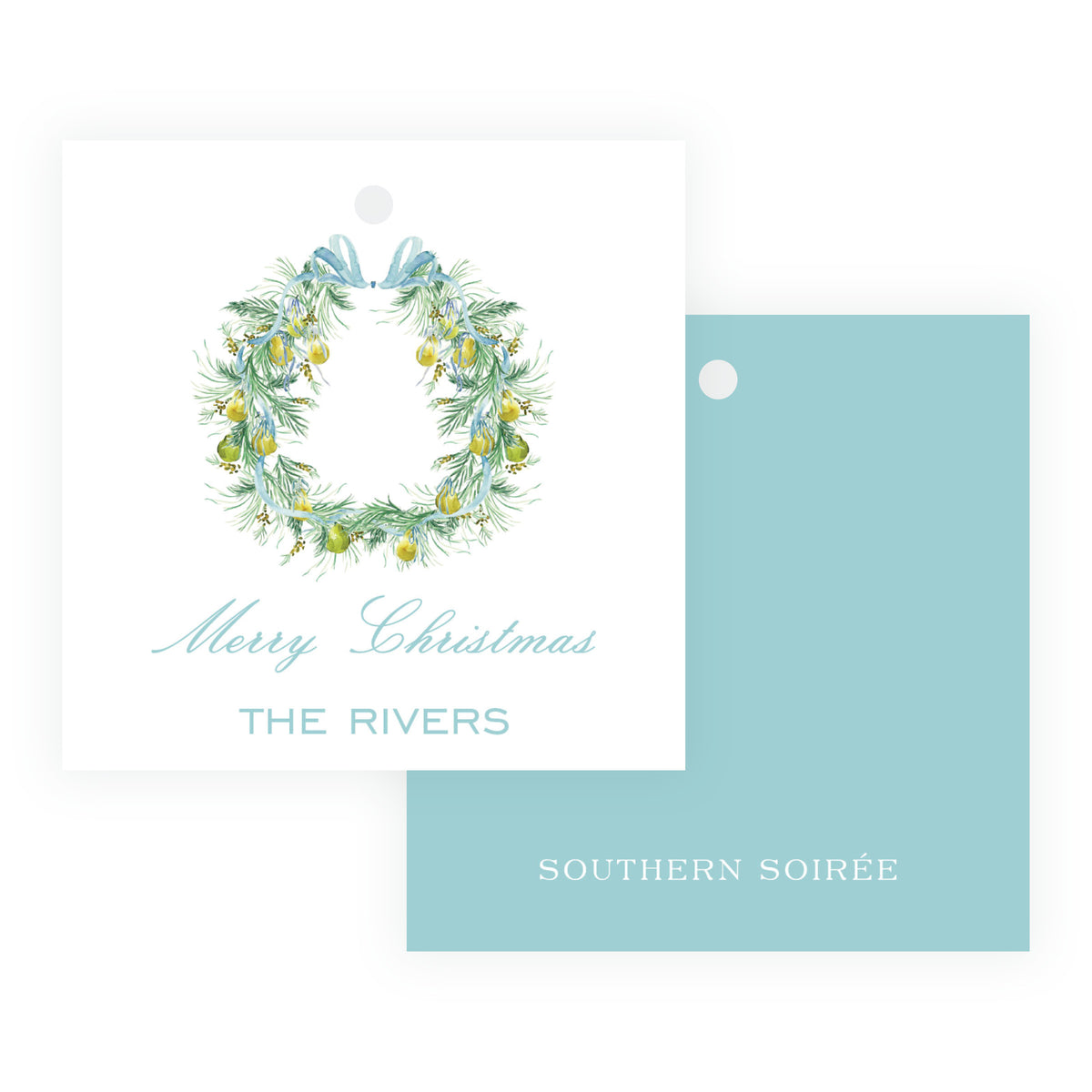 Evergreen pear and blue ribbon personalized Christmas tag