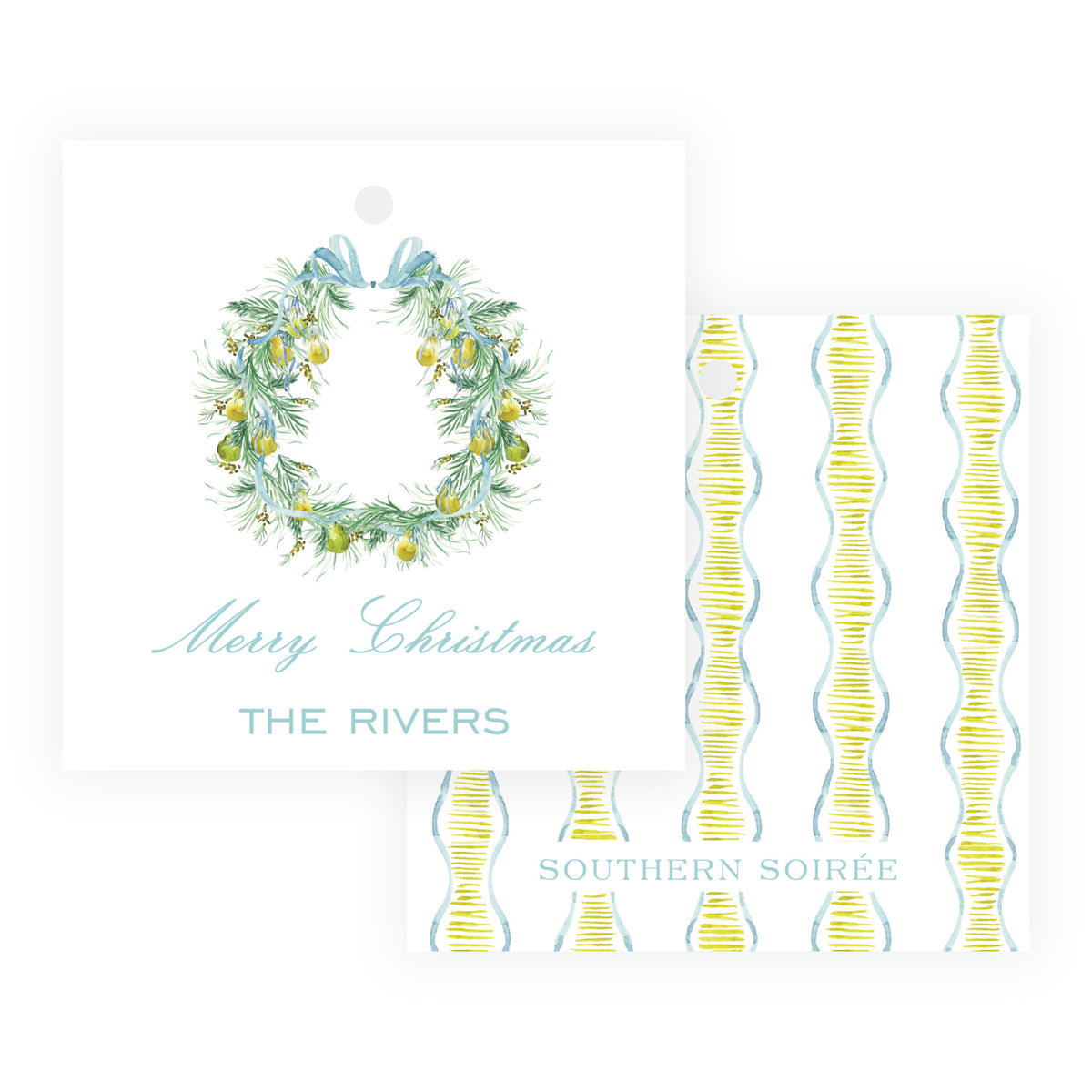 Personalized holiday gift tag with golden pears and blue bow