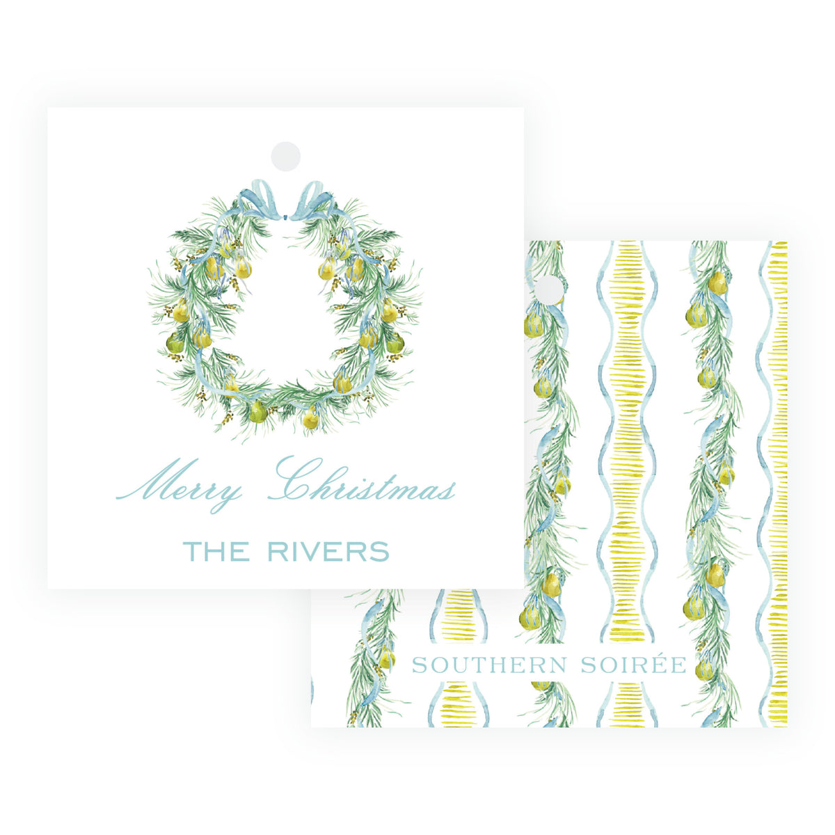 3 inch square personalized Christmas gift tag with evergreen wreath