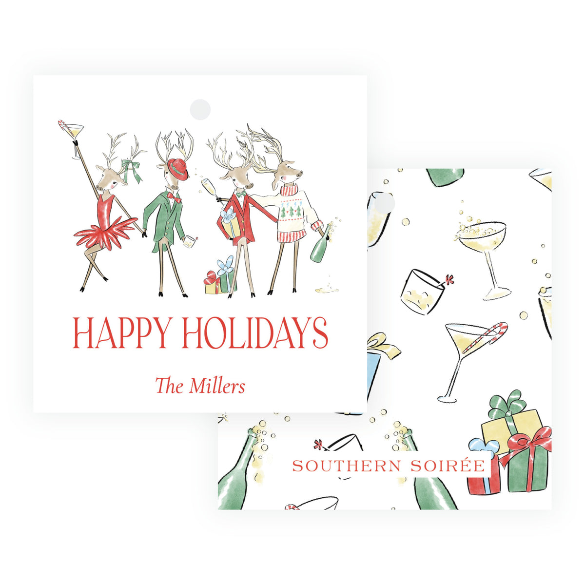 Reindeer Revelry 3 x 3 square personalized Christmas gift tag with watercolor reindeer and pre-punched hole