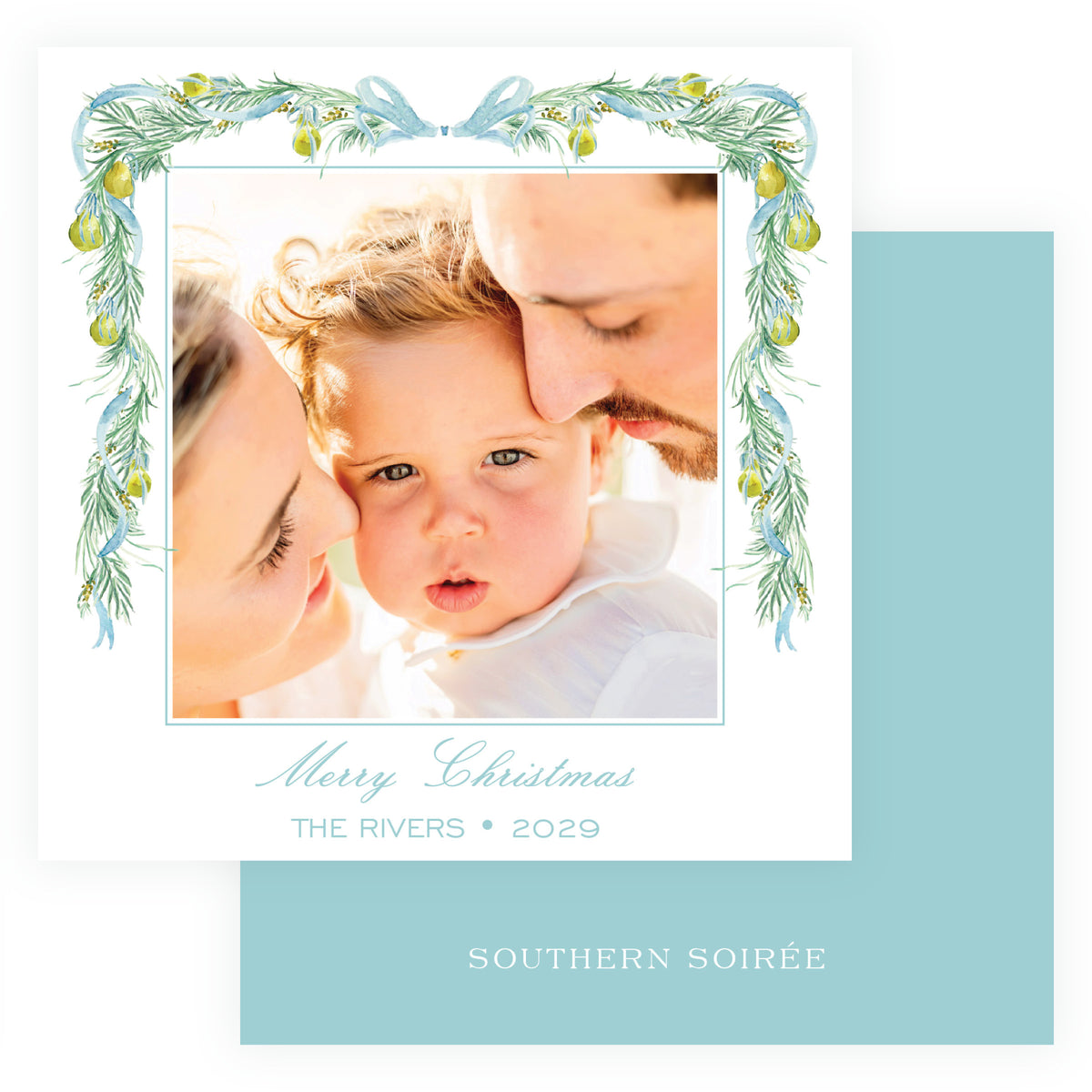 Watercolor pear and blue ribbon personalized family Christmas card