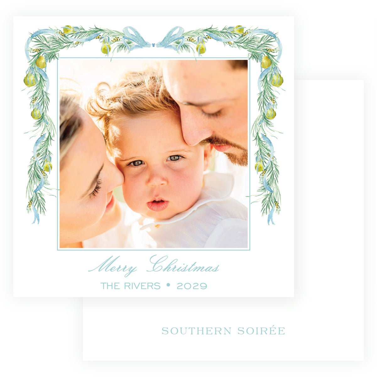 Evergreen and Pear square personalized Christmas photo card
