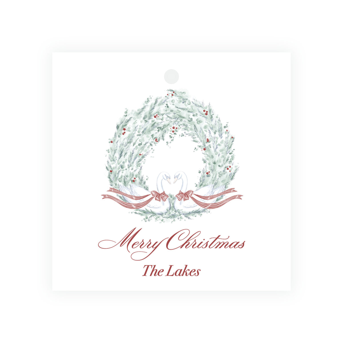Personalized square Christmas gift tag with swans, greenery and red berries