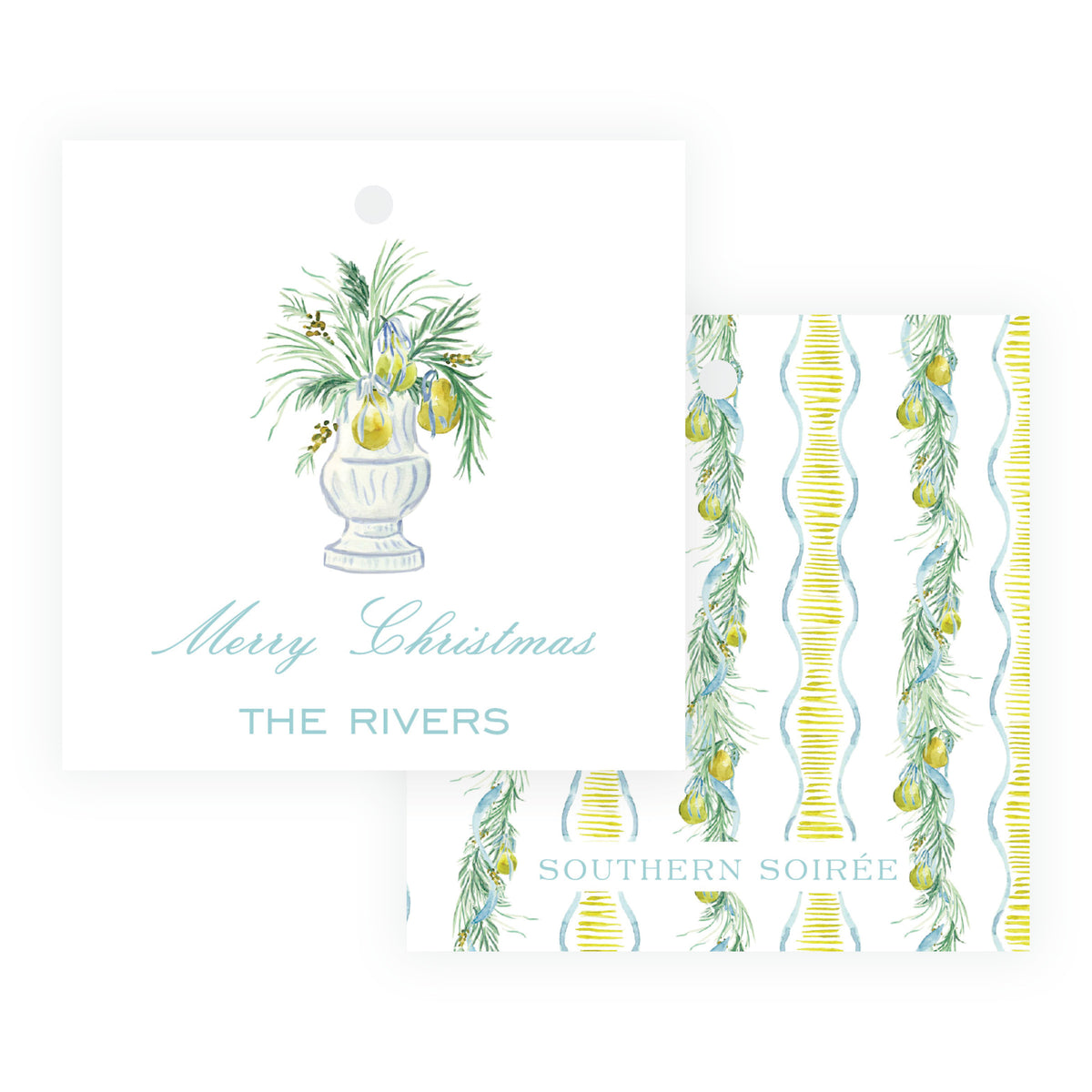 Evergreen and Pear urn square personalized Christmas gift tag