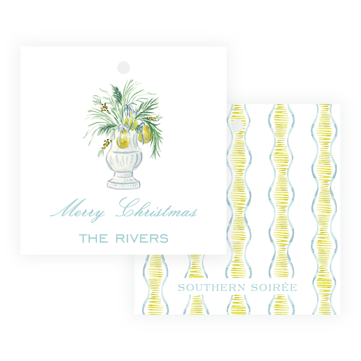 a watercolor-style floral arrangement in an urn, and the text 'Merry Christmas' 