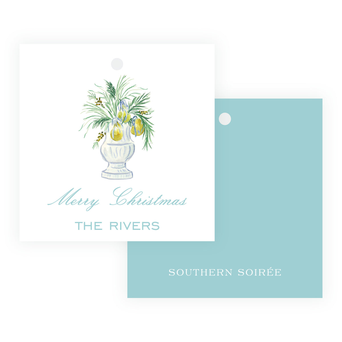 Watercolor evergreen and golden pear square holiday gift tag
