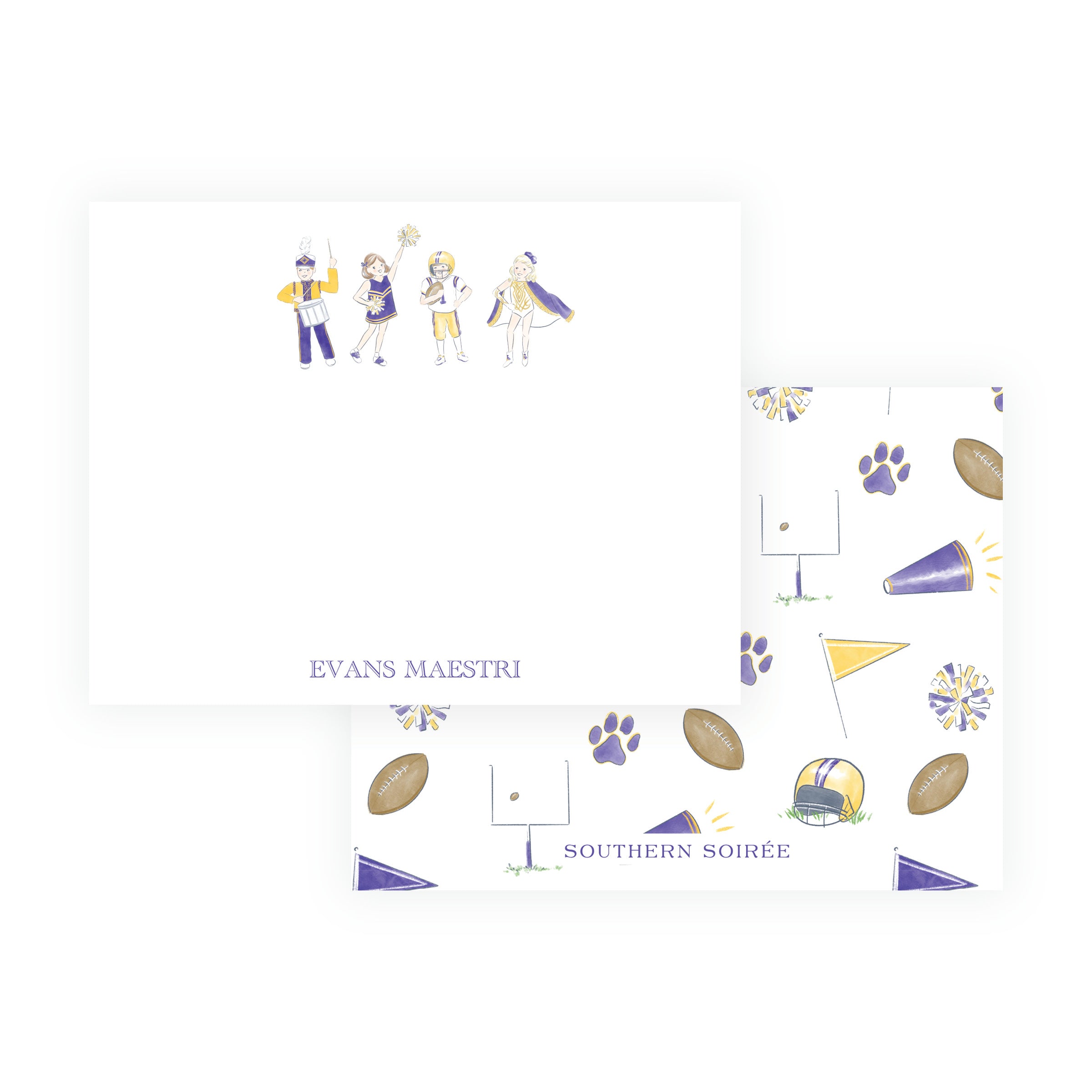 Personalized purple and gold team spirit kids flat note card with name