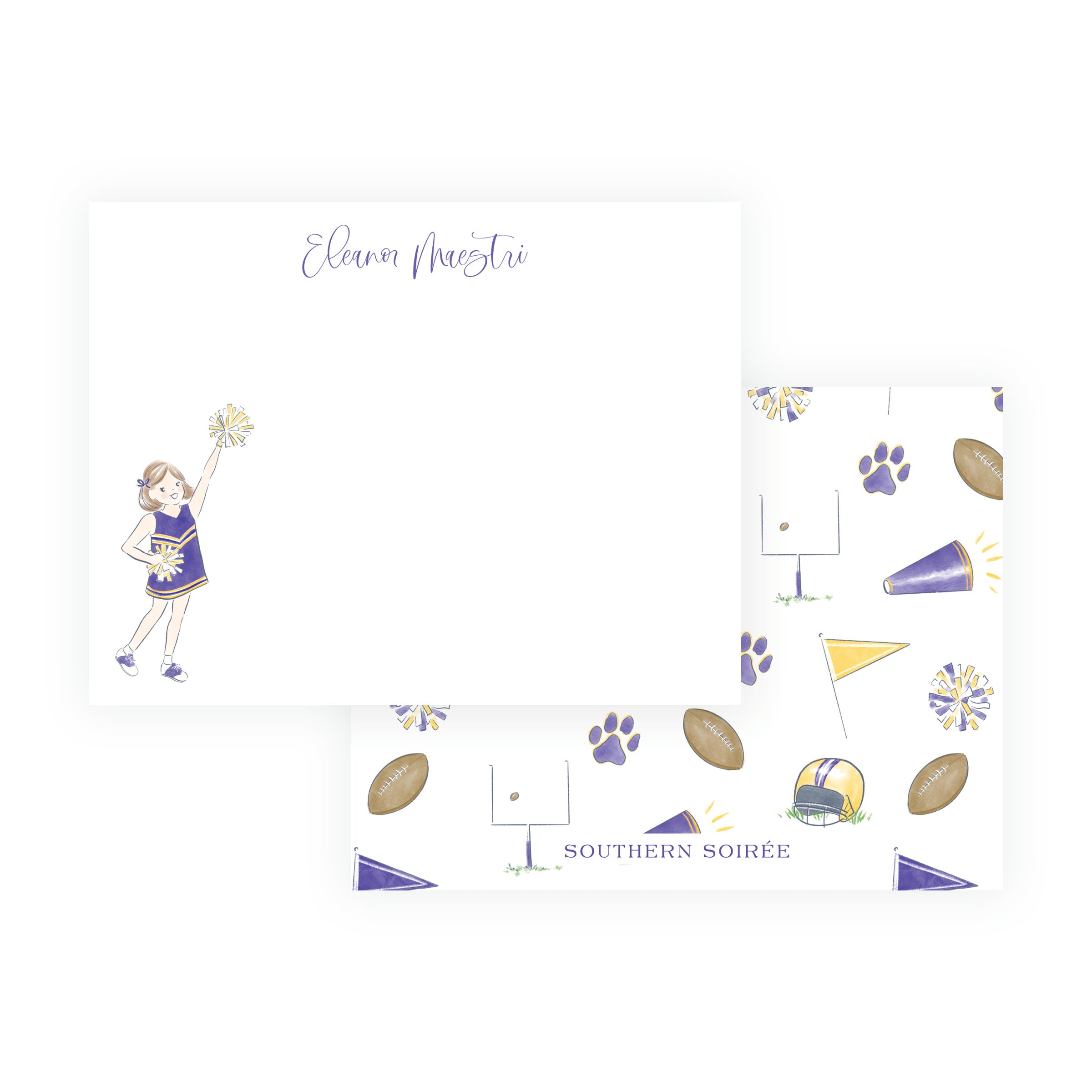 Personalized purple and gold cheerleader flat note card with name