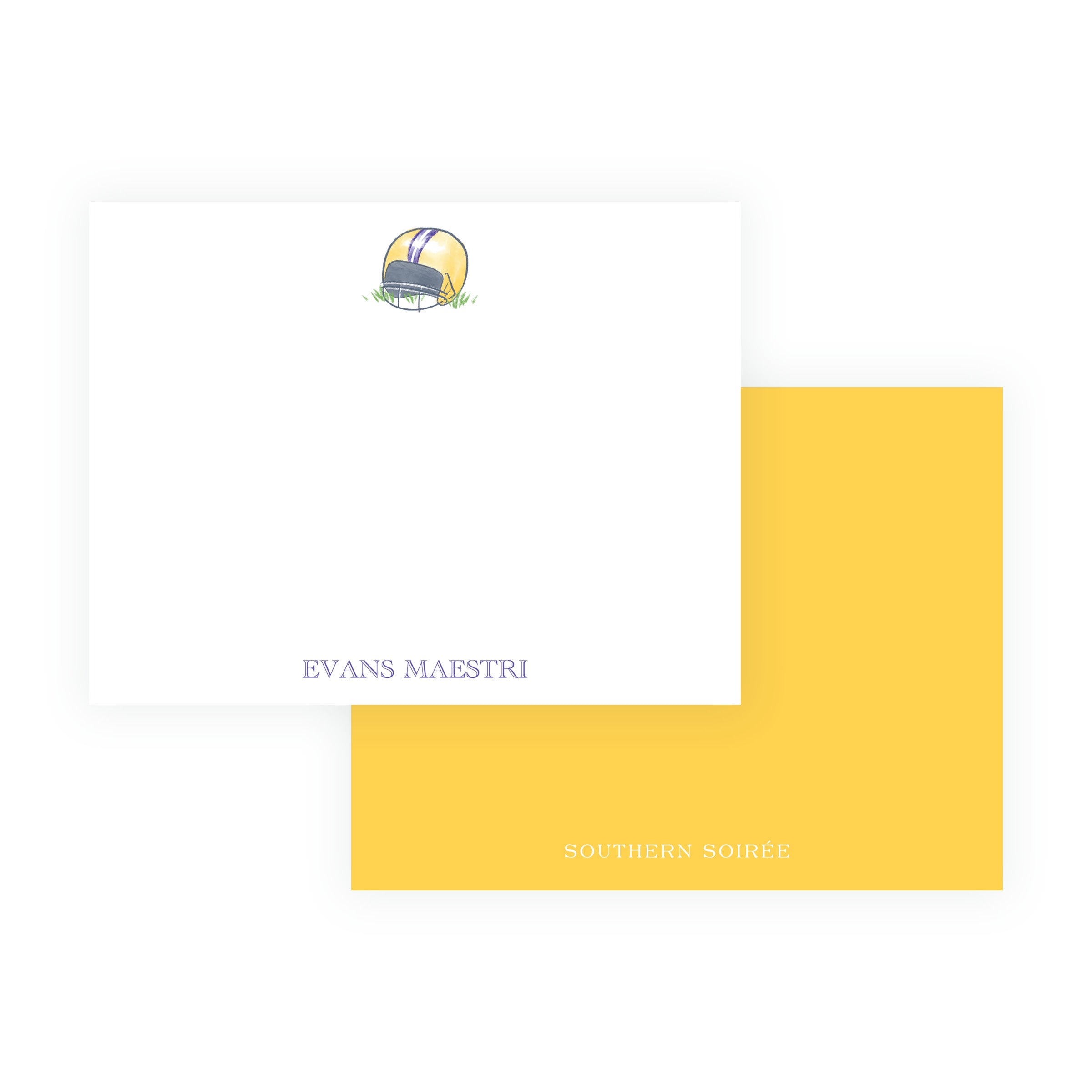 Personalized purple and gold football helmet flat note card with name