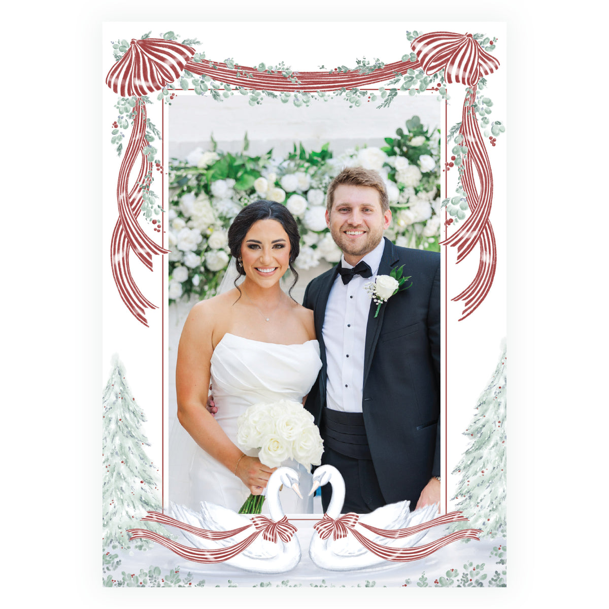 Elegant personalized Christmas card with photo and traditional red holiday ribbon