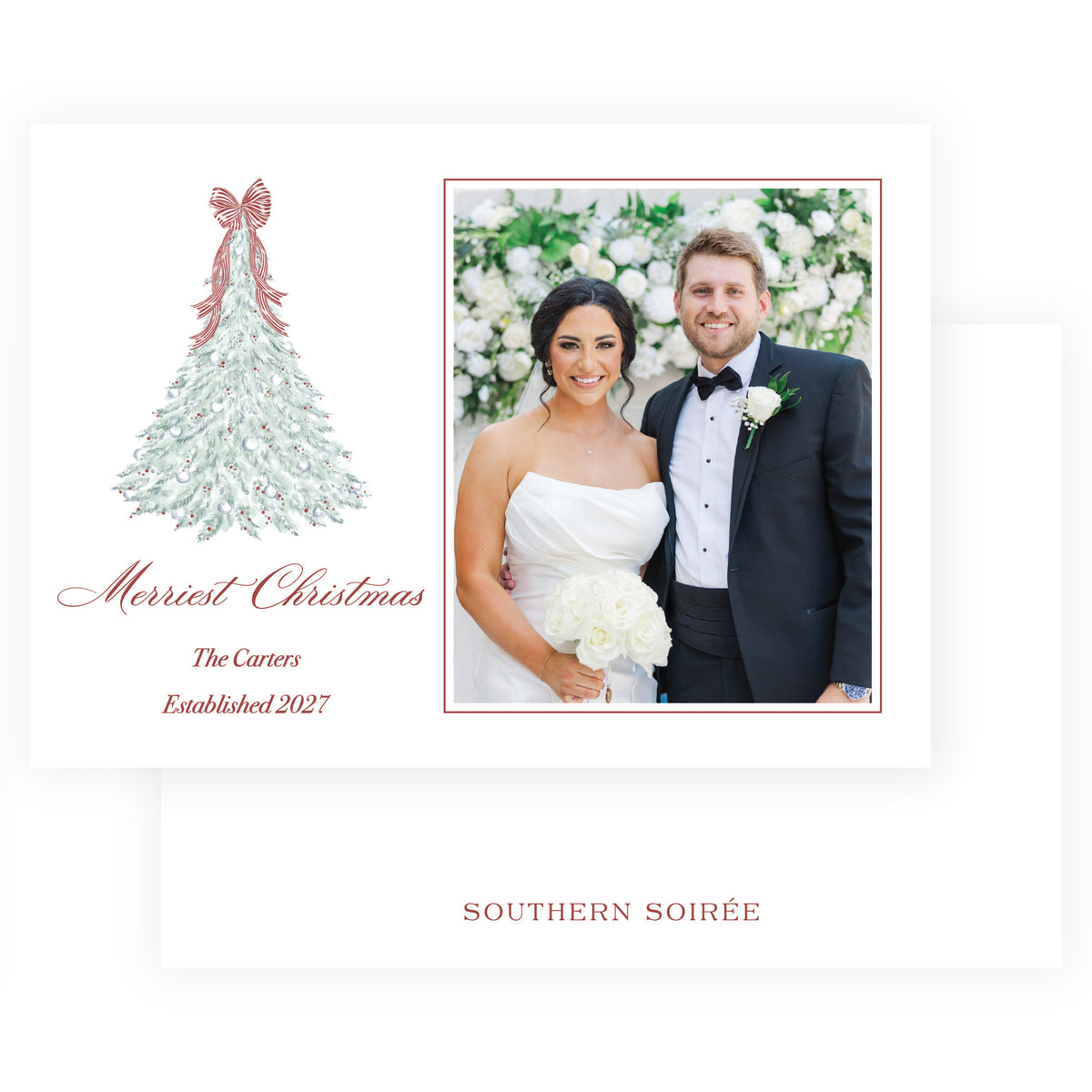 Elegant landscape holiday card with watercolor Christmas tree with berries ornaments and red ribbon
