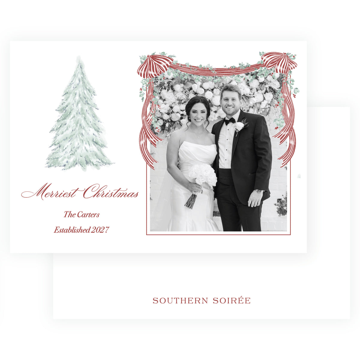 Yuletide Swans ribbon frame landscape Christmas photo card with red striped bows