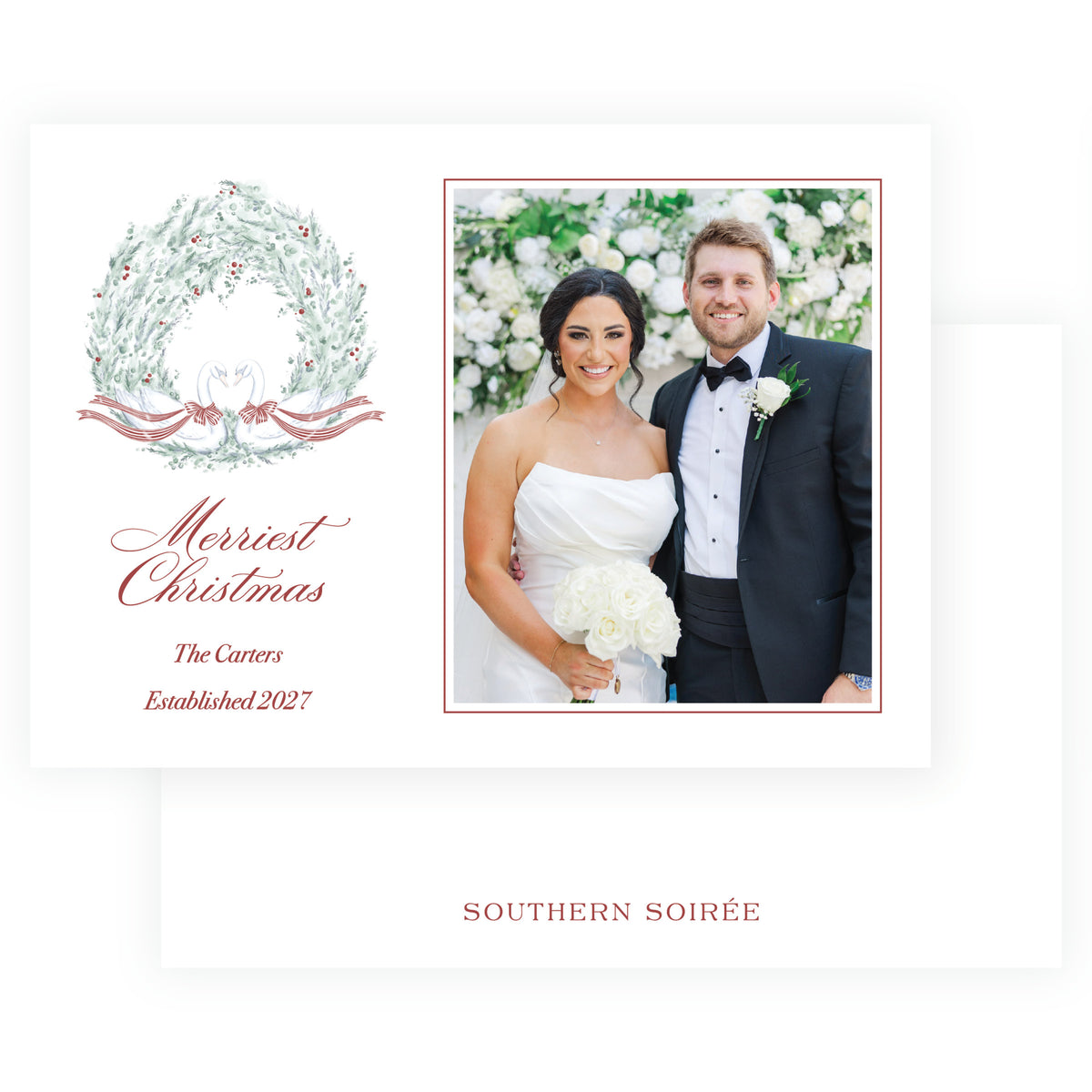 beautiful Swans wreath landscape Christmas photo card with watercolor swans