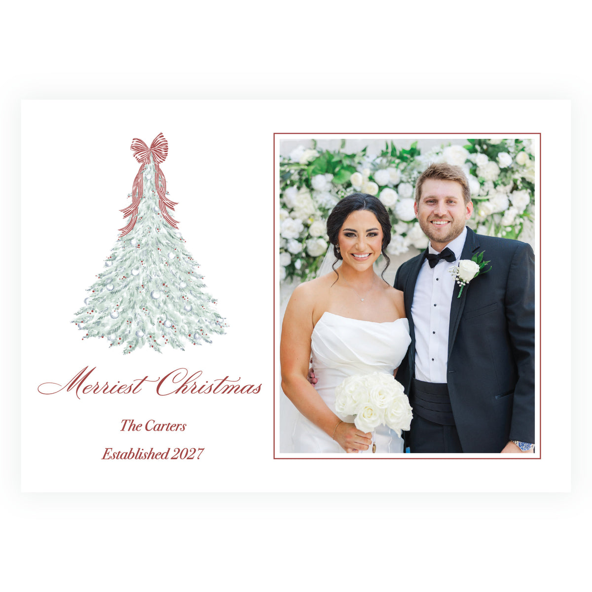 Red and green Christmas photo card featuring a watercolor berry tree with ornaments