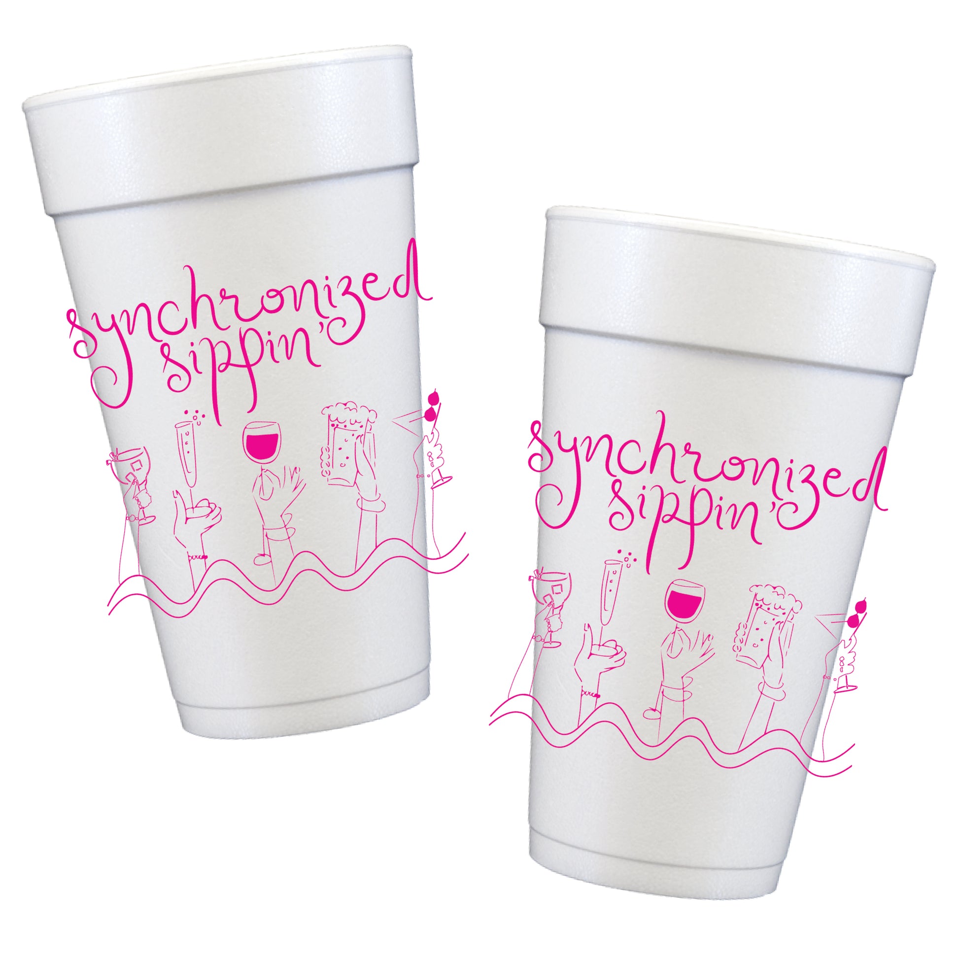 Synchronized Sippin' foam party cups with pink cocktail illustration, funny girls trip party cups, bachelorette party drink cups, hostess gift cups, summer cups, Southern Soirée reusable styrofoam cups