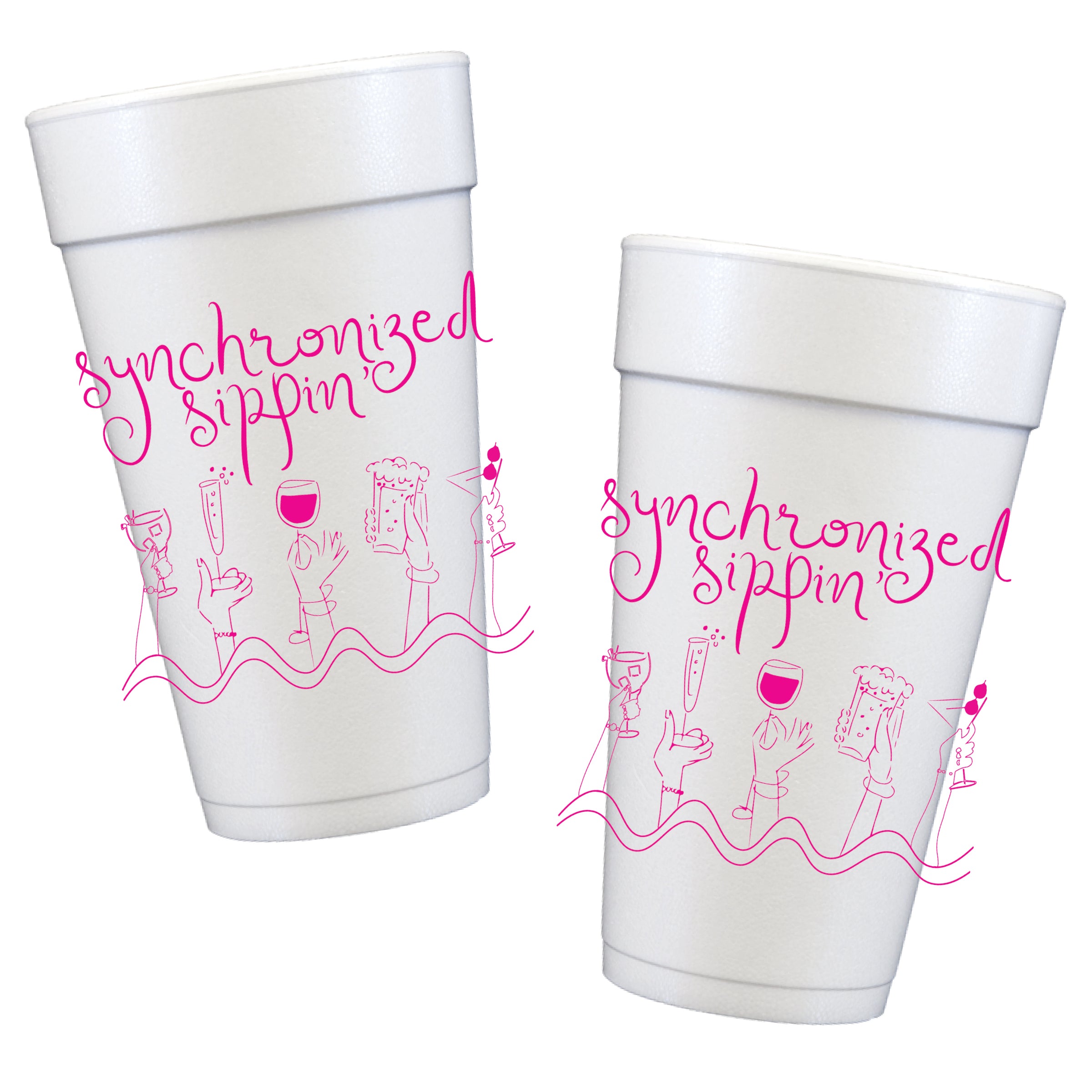 Synchronized Sippin' foam party cups with pink cocktail illustration, funny girls trip party cups, bachelorette party drink cups, hostess gift cups, summer cups, Southern Soirée reusable styrofoam cups