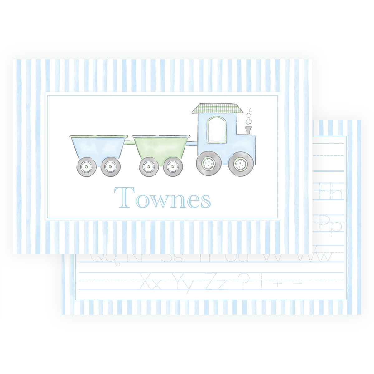 Personalized train placemat for kids with blue and green watercolor train, blue stripes and custom name