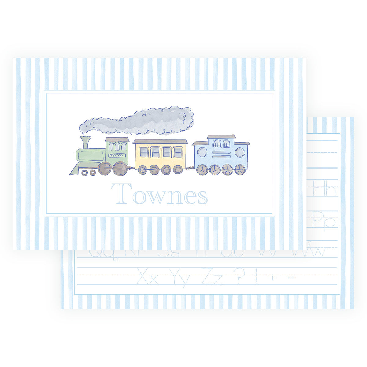 Personalized steam train placemat for kids with whimsical watercolor train, blue striped border and custom name
