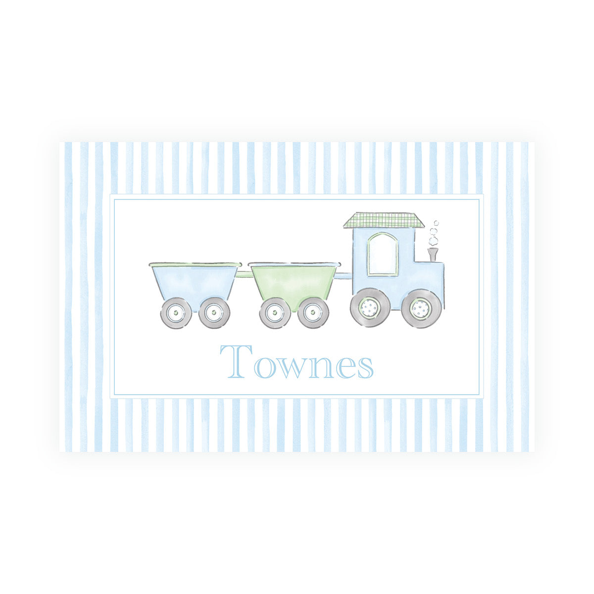 Personalized train placemat for kids with blue and green watercolor train, blue stripes and custom name