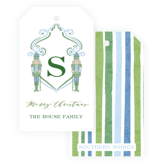 Southern Nutcracker Blue & Green Crest with Monogram Gift Tag
