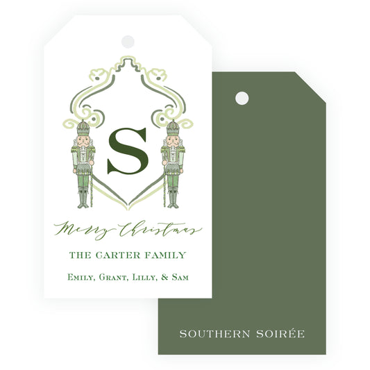 Southern Nutcracker Olive Green Crest with Monogram Gift Tag